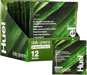 Huel Daily Greens Single Servis | Superfood Greens Toz | 91 Vitamin, Mineraller ve Tümfood-Kaynak Malzemeler | Adaptogens, Antioksis, Gut-Friendly Probiyotiks | 12 Pack