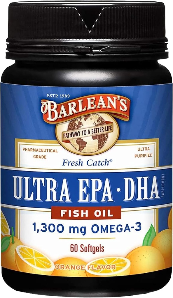 Barlean'ın Omega 3 Fish Oil Supplements, Men and Women, 1300 mg Ultra EPA ve DHA Fatty Asits, Orange Flavored, 60 Count Count Count