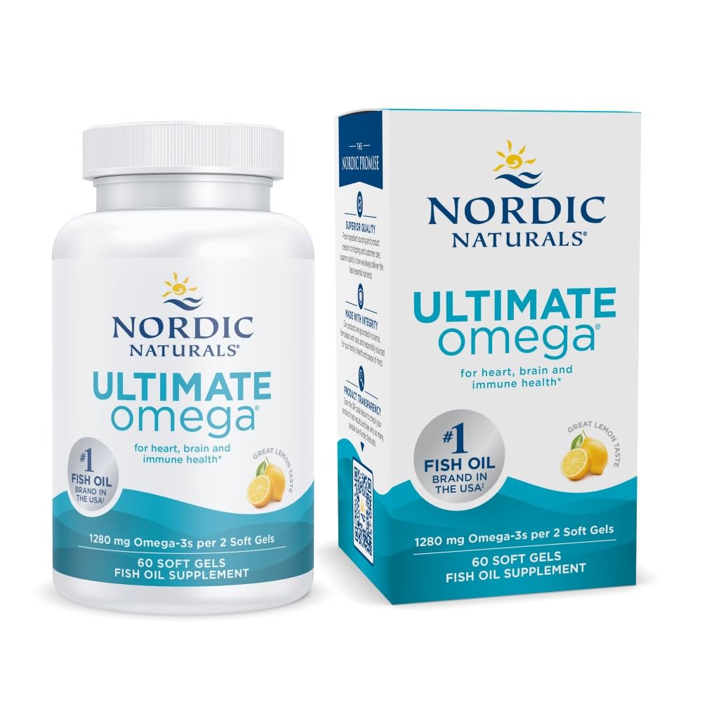 Nordic Naturals Ultimate Omega, Lemon Flavor - 60 Soft Gels - 1280 mg Omega-3 - Yüksek Yeterli Balık Petrol Tamamını EPA & DHA - Beyin ve Kalp Sağlığını Teşvik - Non-GMO - 30 Hizmet