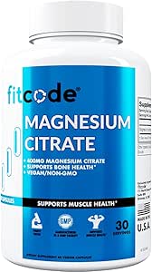 Fitcode Citrate Capsules 400 mg - Kas ve Bone Magnezyum Health Supplement with Pure Magnezyum Citrate for Muscle Relaxation & Bone Strength - 60 Veggie Magnezyum Capsules for Heart Health