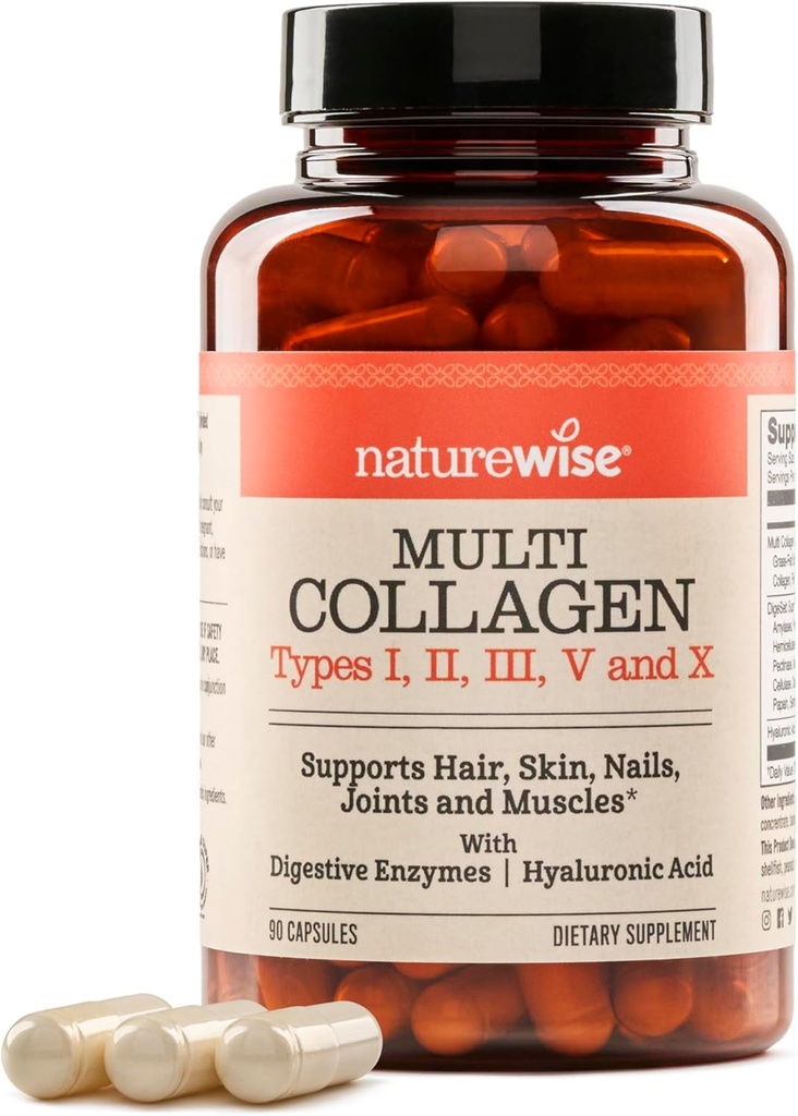 NatureWise Multi Collagen Pil Pills for Women & Men - Tip I, II, III, V, X w/Hyalonic Asit - Supports Skin, Saç, Ortak Sağlık* - Grass Fed, Gluten Free, Non-GMO - 90 Capsules[30 Günlük Supply]