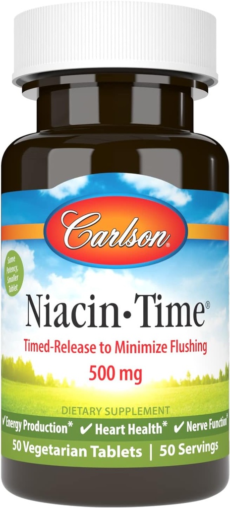 Carlson - Niacin-Time, Time-Release, 500 mg, B-3, Cholesterol Metabolism, Enerji Üretimi, Kalp Sağlığı, 50 Tablet