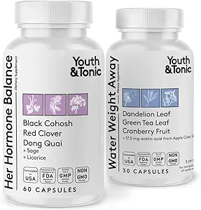 Youth & Tonic PMS & Menopause Bloating Relief Duo – Support for Puffiness, Hormonal Balance & Fluid Retention – Her Hormone Balance + Water Weight Away Natural Herbs for Women, 90 Capsules