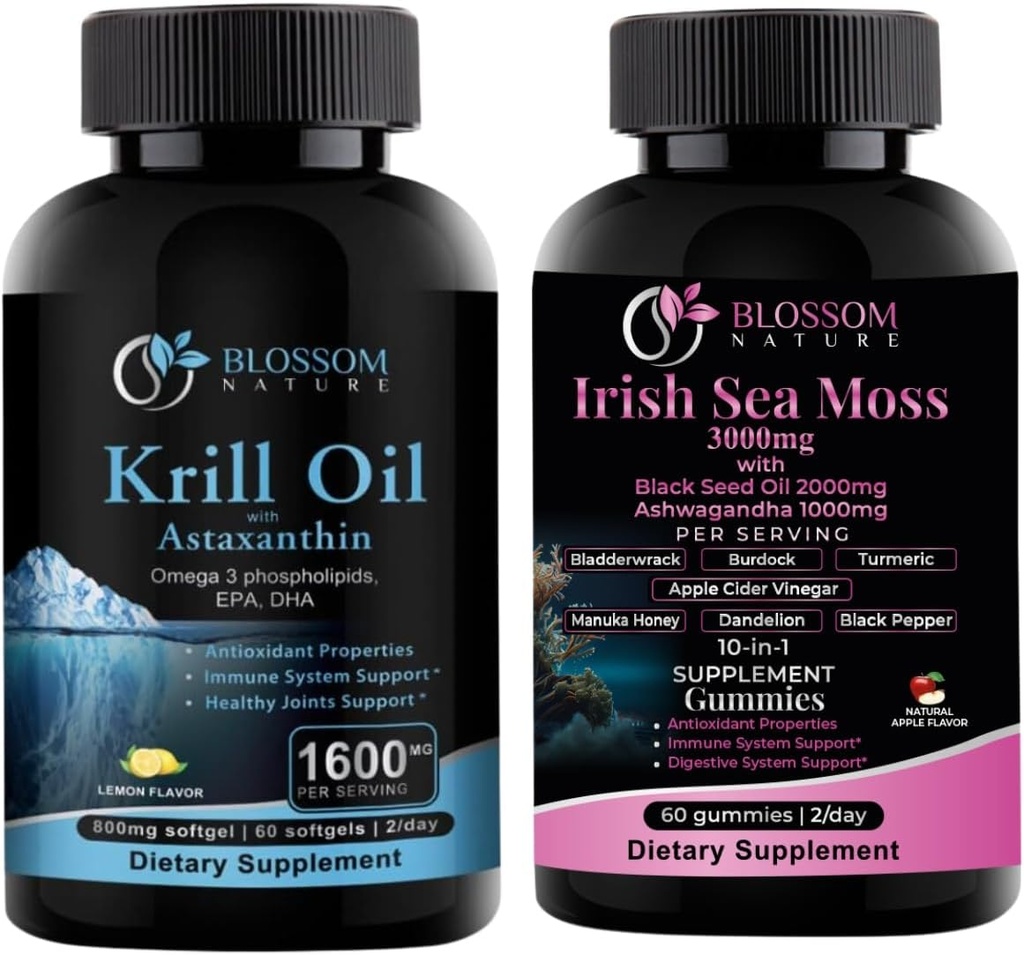 Antarktika Krill Oil 1600 mg Astaxanthin 2 mg ve İrlandalı Deniz Moss Gummies 3 mg Black Seed Oil ve Ashwagandha 2000 mg