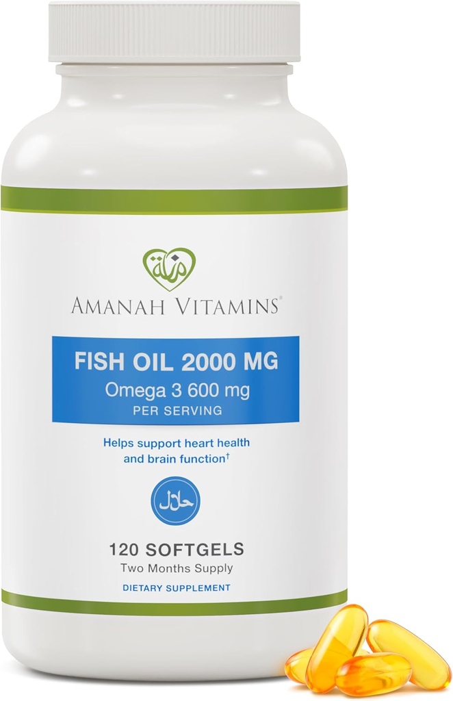 Halal Omega-3 Fish Oil 2000 mg, 120 Softgels, Halal Sertifikalı (ISNA Onaylandı), Non-GMO, Gluten-Free, High EPA & DHA Omega 3 Supplement