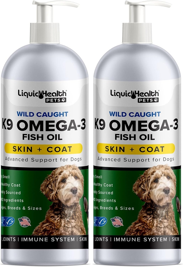 Bitkisel Sağlık Evcil hayvanlar için K9 Omega 3 Balık Yağı - EPA + DPA + DHA ile Evcil hayvanlar için sıvı Omega 3 Supplement - Take Itching & Shedding, Support Commons, Immunity, Brain, Heart Health - USA Made (2 Pack)