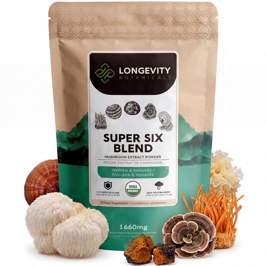 Longevity Botanicals Super Six Organic Mushroom 100g | Reishi, Lion's Mane, Chaga, Cordyceps, Tremella & Türkiye Tail | Ekstra Toz Mix | 10:1 Fiyatı |% 100 Meyve | Mushroom Kompleks