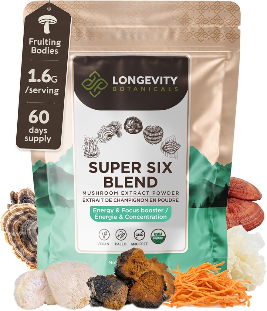 Longevity Botanicals Super Six Organic Mushroom 100g | Reishi, Lion's Mane, Chaga, Cordyceps, Tremella & Türkiye Tail | Ekstra Toz Mix | 10:1 Fiyatı |% 100 Meyve | Mushroom Kompleks