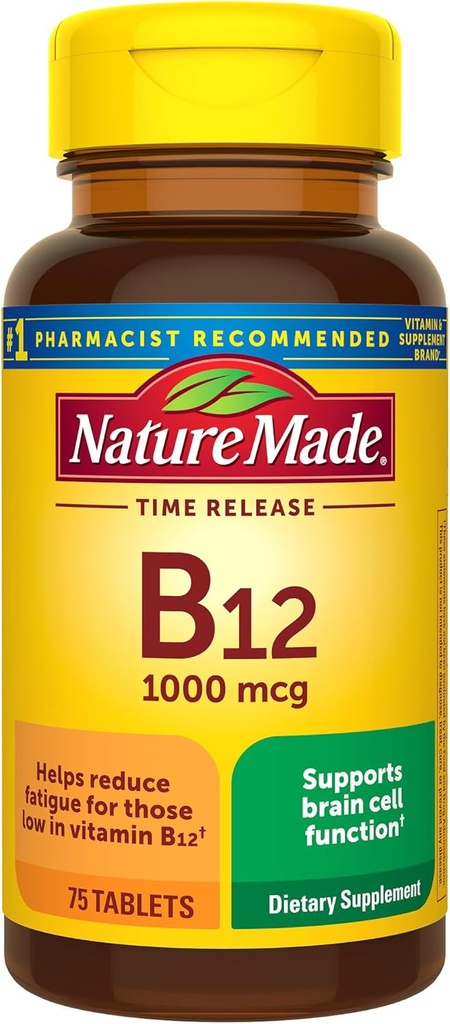 Nature Made Vitamin B12 1000 mcg, Συμπλήρωμα διατροφής για την υποστήριξη του μεταβολισμού ενέργειας, 75 δισκία αποδέσμευσης χρόνου, 75 ημέρες προσφοράς