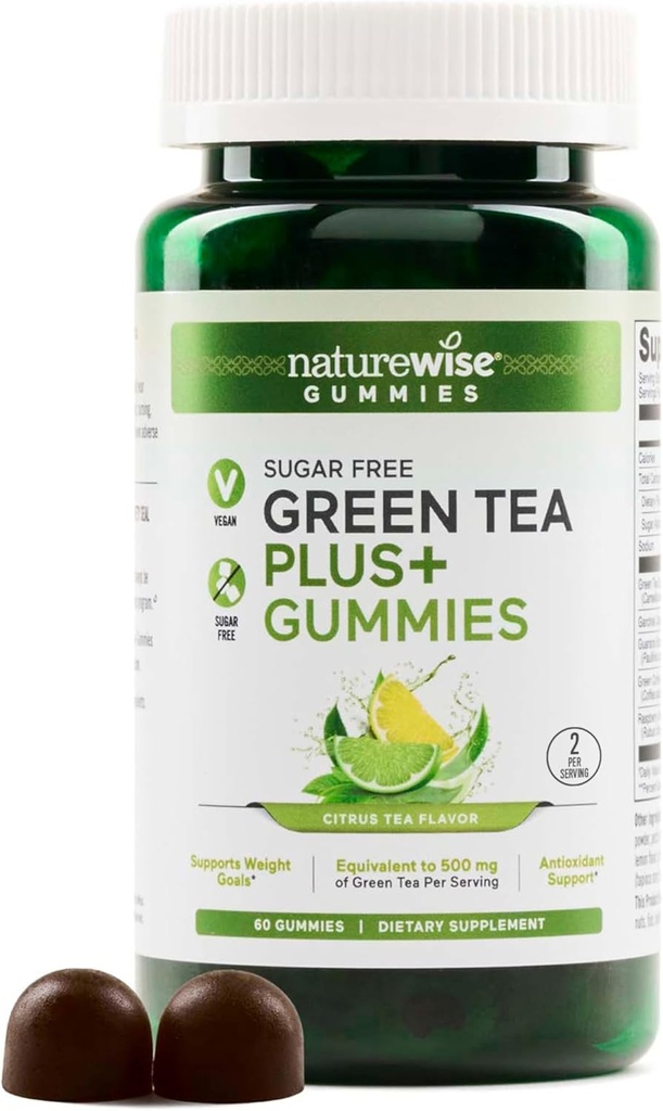 NatureWise Green Tea Gummies - Keto, Sugar Free - Kadınlar ve Erkekler için Fitness Hedefleri - 500 mg Green Tea + Raspberry Ketones, Garcinia Cambogia - Vegan, No Gluten - 60 Kont[1-Month Supply]