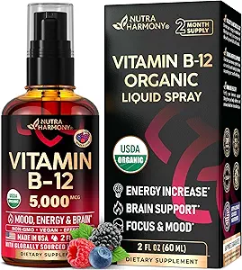 USDA Organik Vitamin B12 Sublingual Spray - 5000 mcg Sıvı Vegan Kadın ve Erkekler için - Enerji Boost, Focus & Mood, Brain Health Support - Max abs Abpole - 2 Ay Supply, 2 fl ozz
