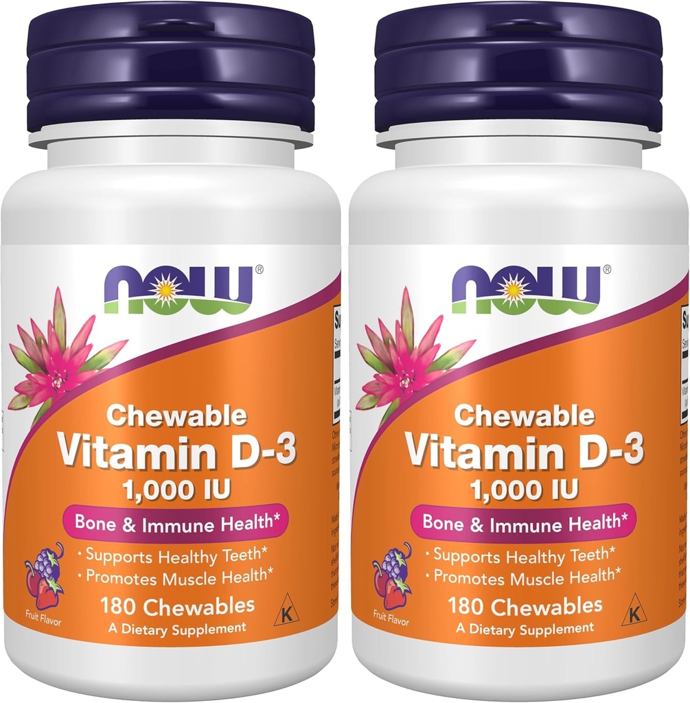 NOW Supplements, Vitamin D-3 1,000 IU, Natural Fruit Flavor, Structural Support*, 180 Chewables (Pack of 2)