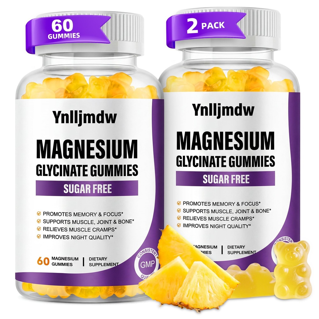 (2 Pack) Magnezyum Glycinate Gummies 500 mg, High-Abxia Supplement Magnezyum withdis & Vitamins, Support Bone, Muscle, Night, Memory & Mood, Vegan, Non-GMO, 60 Counts, Pineapple Flavor
