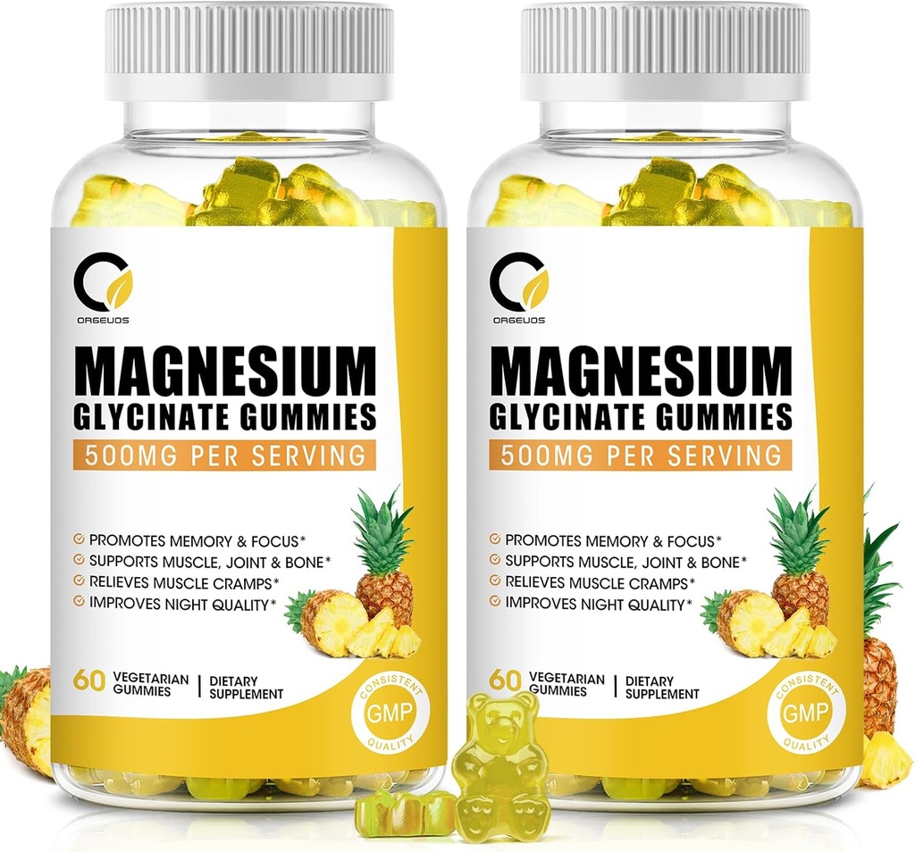 (2 Pack) Magnezyum Glycinate Gummies 500 mg, High-Abxia Supplement Magnezyum withdis & Vitamins, Support Bone, Muscle, Night, Memory & Mood, Vegan, Non-GMO, 60 Counts, Pineapple Flavor