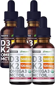(4 Pack) Βιταμίνη D3 K2 σταγόνες Άγευστη & φράουλα Flavor Bundle - μέγιστη δύναμη Βιταμίνη D Liquid 5000 IU με MCT Omega Omega 3 - χωρίς πληρωτικά, μη ΓΤΟ υγρό D3 για ανοσοποιητική υποστήριξη, 2 Fl Oz το καθένα