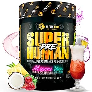 ALPHA LION Superhuman Pre Workout Toz, Beta Alanine, L-Taurine & Tri-Kaynak Sustained Energy & Focus, Nitrik Oksit & Citrulline for Pump (21 Servisler, Miami Vice)