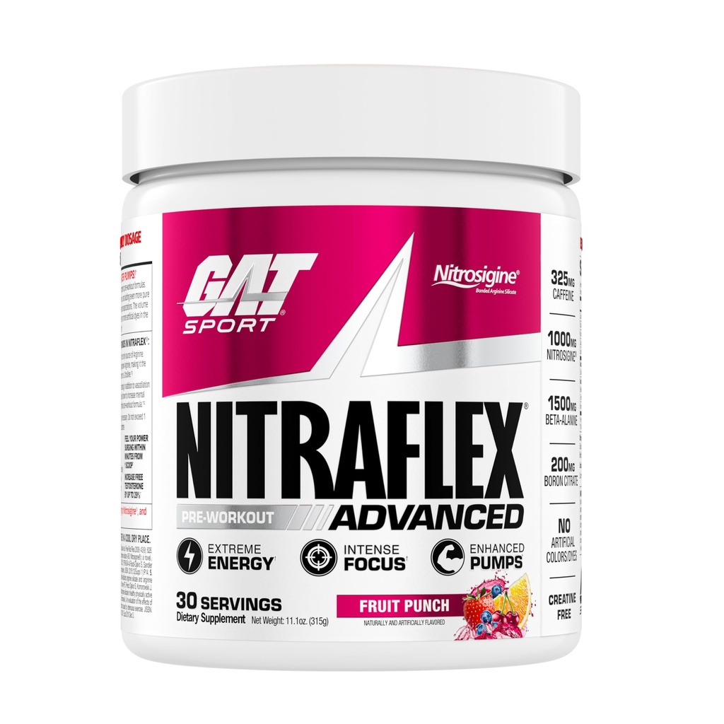 GAT SPORT Nitraflex Advanced Pre-Workout Powder, αυξάνει τη ροή του αίματος, ενισχύει τη δύναμη και την ενέργεια, βελτιώνει την απόδοση της άσκησης, άνδρες και γυναίκες (Fruit Punch, 30 εξυπηρετούν)