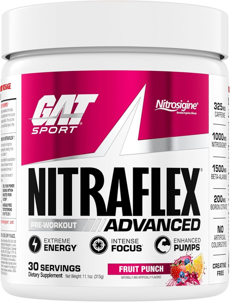 GAT SPORT Nitraflex Advanced Pre-Workout Toz, Blood Flow, Boosts Strength and Energy, improves Egzersiz Performansı, Erkekler ve Kadınlar (Fruit Punch, 30 Hizmet)