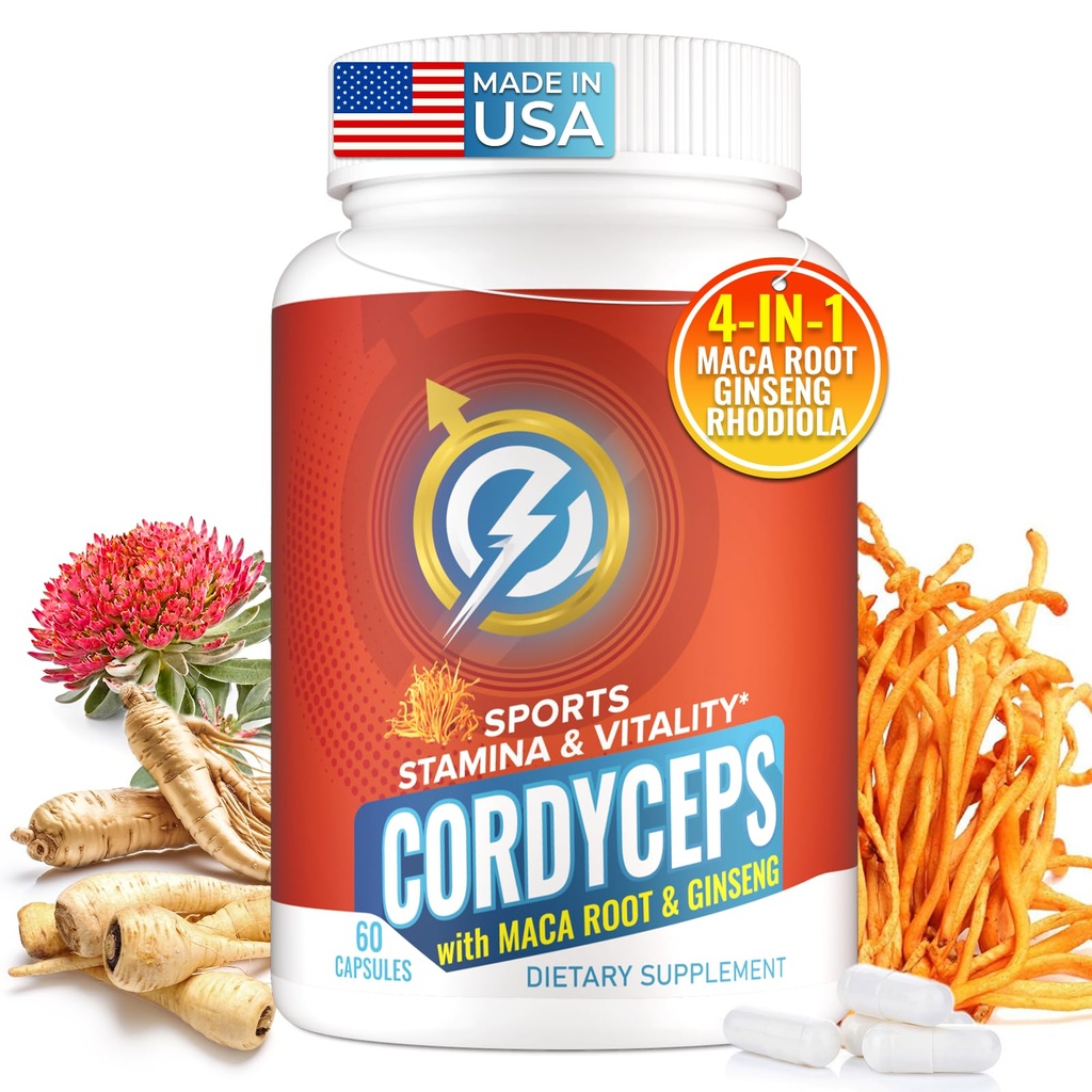 Cordyceps Mushroom Capses - Συμπλήρωμα Υποστήριξης Ανοσοποιητικού & Ενέργειας με Cordyceps Militaris, Maca Root, Ginseng, Rhodiola, Mushroom Supplement for Endurance, Stamina, Athletic Performance, 60 Κάψουλες