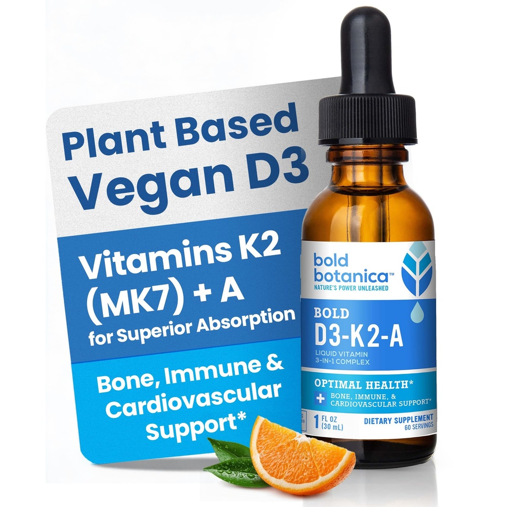 Τολμηρή Botanica D3-K2-A, Liquid Vitamin Complex, Vegan D3 από Βιολογικό Άλγος με Βιταμίνη K2 (MK7) και Α για Ανοσολογική Υποστήριξη, Φυσικό Πορτοκαλί Γεύση, Γεύση Νοστιμότατο, 1 FL OZ. (30mL)