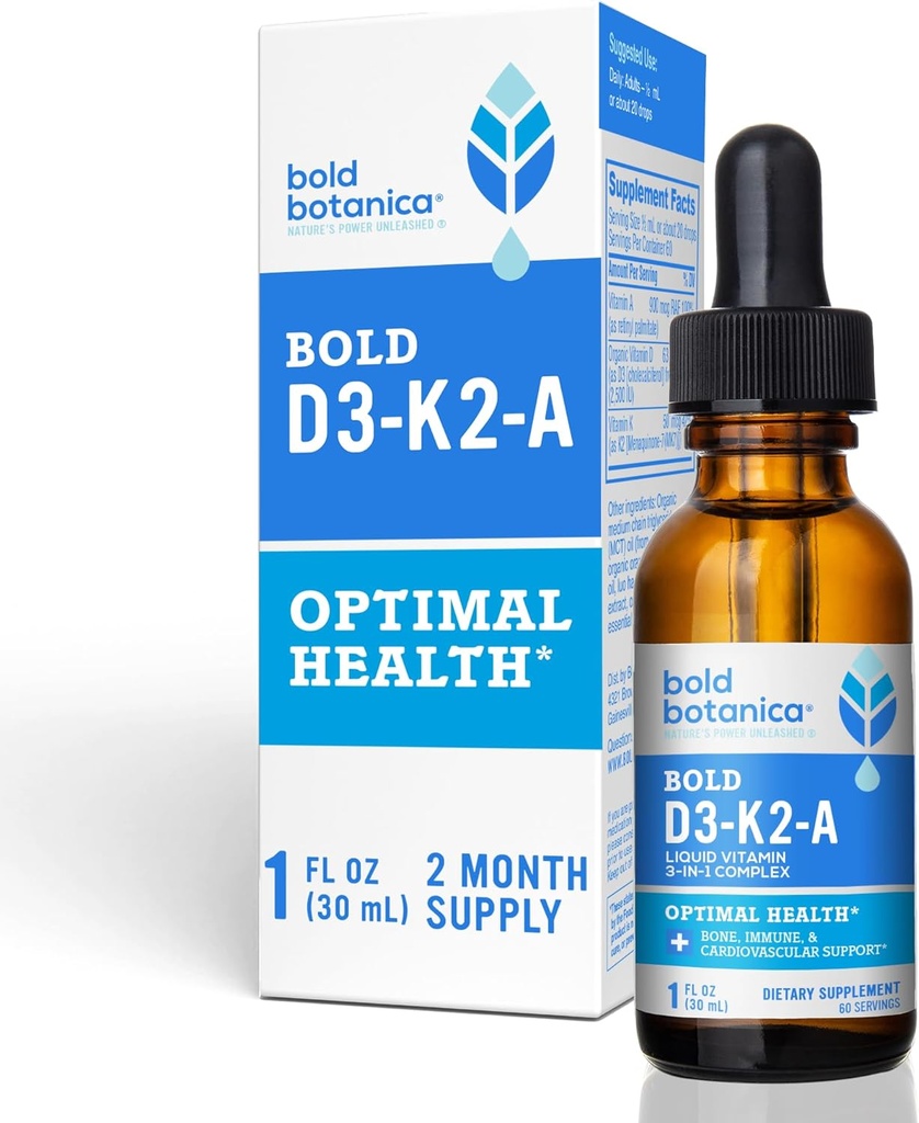Τολμηρή Botanica D3-K2-A, Liquid Vitamin Complex, Vegan D3 από Βιολογικό Άλγος με Βιταμίνη K2 (MK7) και Α για Ανοσολογική Υποστήριξη, Φυσικό Πορτοκαλί Γεύση, Γεύση Νοστιμότατο, 1 FL OZ. (30mL)
