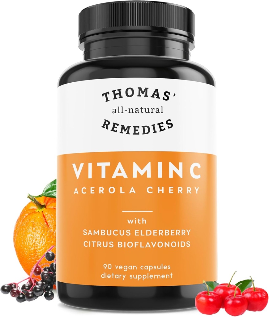 Thomas' all-natural Remedies Vitamin C with Organic Elderberry, Organic Citrus Bioflavonids - Ολόκληρο το συμπλήρωμα διατροφής - Μη ΓΤΟ - Ακατέργαστη Vegan - 90 κάψουλες