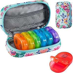 Serfeymi Weekly Travel Pill Organizer 2 Times A Day AM PM Yükseltd Rainbow Pill Box 7 Day with Portatif Ambalaj Deri Pill Case, Medicine Organizer for Pills, Vitamins, Fish Oils - Green-01