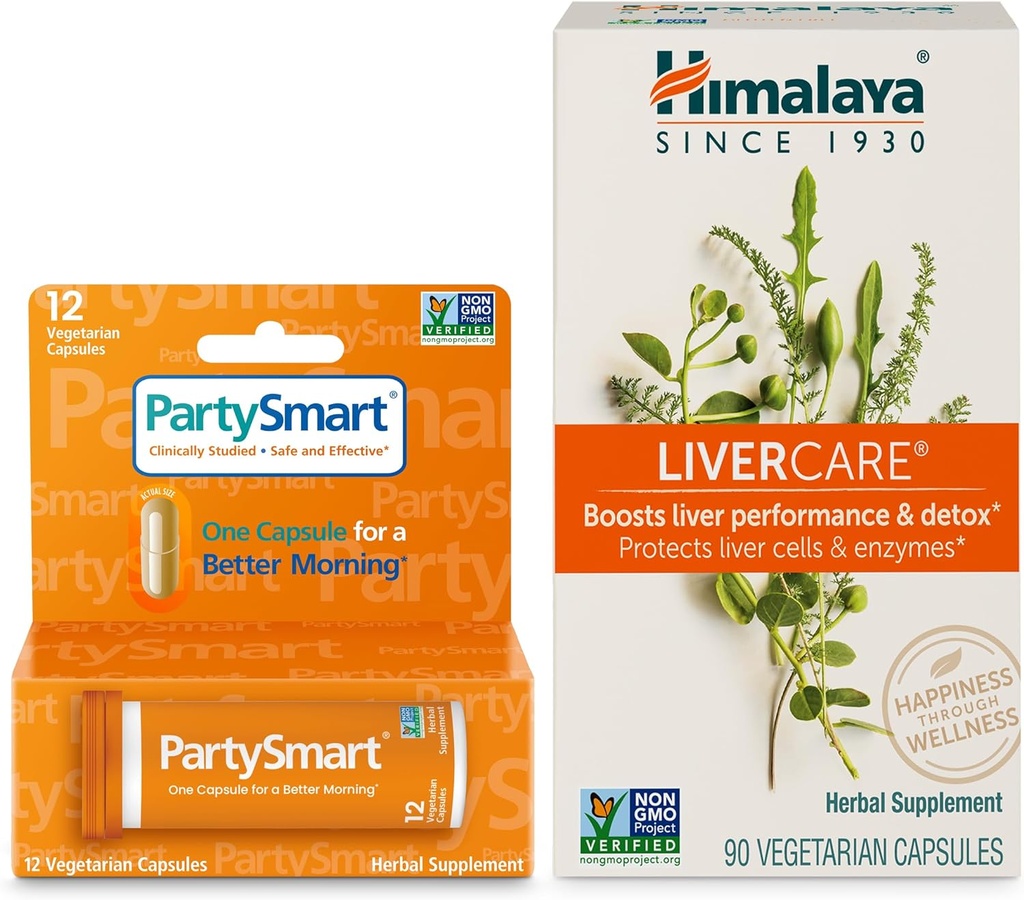 Himalaya PartySmart 12 Caps, Μία κάψουλα για ένα καλύτερο πρωινό Μετά το ποτό Plus LiverCare, 90 Caps για καθημερινή καθαριότητα του ήπατος, υποστήριξη του ήπατος και για την εξάλειψη των αποβλήτων – 2 πακέτο προϊόντων