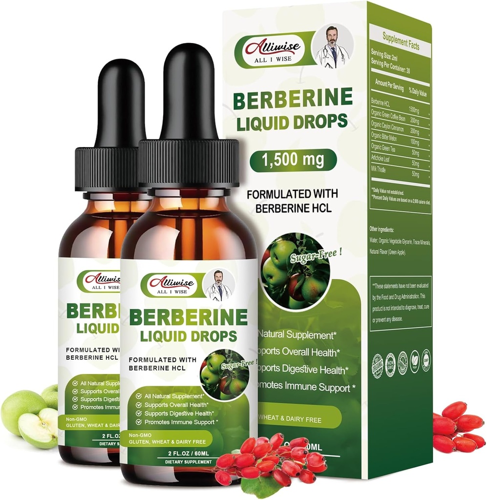 2 Pack Berberine Supplement Liquid Drops for Immune System & Digestive System Supports -Premium Berberine HCL 1500 mg with Pure Ceylon Cinnamon -4 Fl Oz Oz Oz