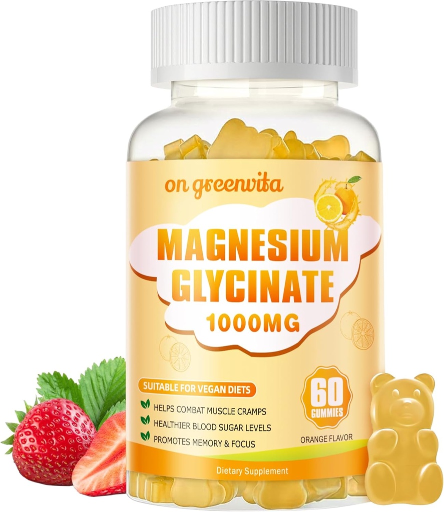 Magnezyum Glycinate Gummies 1000 mg - Sugar Free Magnezyum Pids Supplement with Vitamin D, B6, CoQ10 For Calm Mood & Sleep Support - 60 Orange Gummies