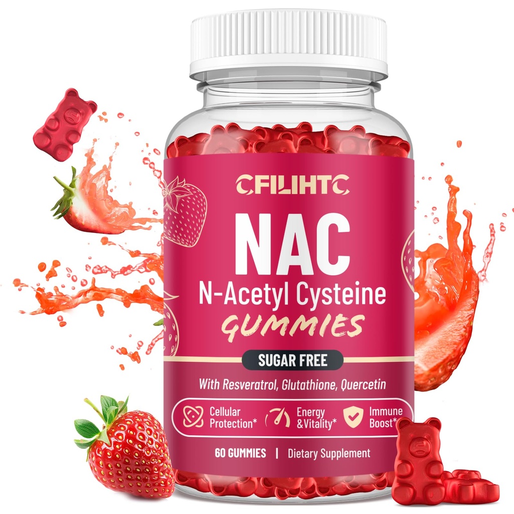 CFILIHTC NAC Gummies 600 mg, N Acetyl Cysteine Supplement with Glutathione, Resveratrol, Magnezyum, CoQ10, NAC Chewable for Antioksis & Immune Support, Strawberry Flavor 60 Gummies