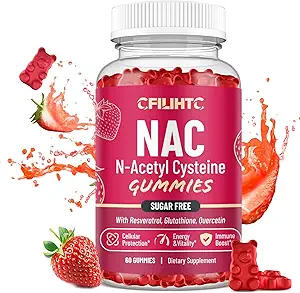NAC Gummies 600 mg, N Acetyl Cysteine Supplement with Glutathione, Resveratrol, Magnezyum, CoQ10, NAC Chewable for Antioksis & Immune Support, Strawberry Flavor 60 Gummies