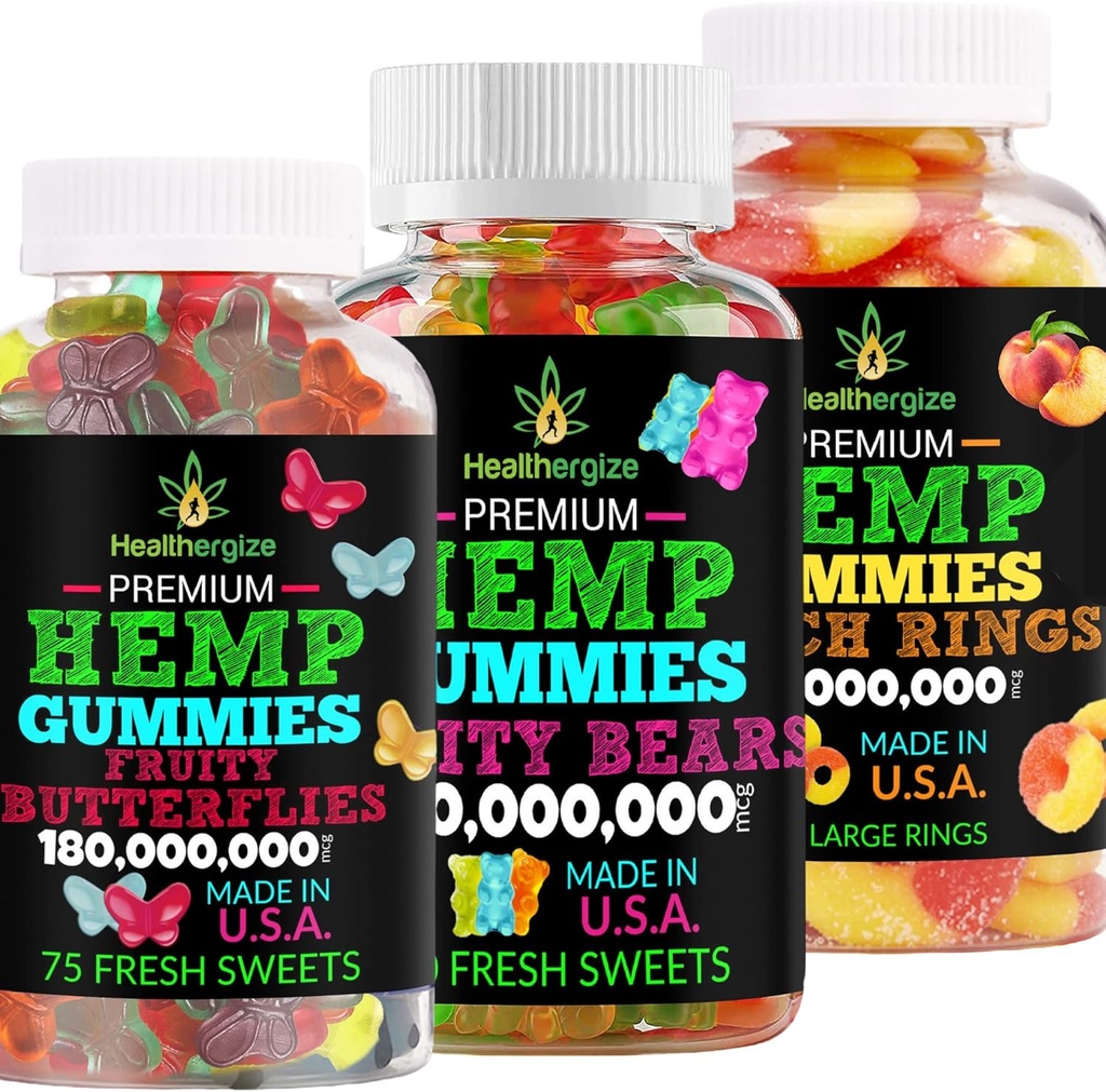 3PACK Hemp Gummies Premium-Hempoil Gummy Bears, Fruit Butterflies and Fresh Peach - For Sleep, Calm, Relax, Muscles, Back, Discomfort, Inflammation-Do USA