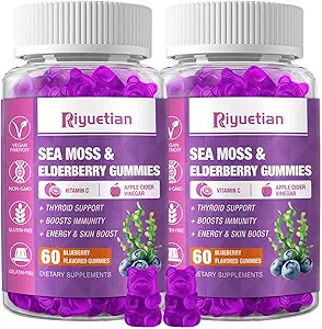 Sea Moss & Elderberry Gummies, Blueberry Flavored Gummy, Vitamins Sea Moss Συμπληρώματα με βιταμίνη C + ψευδάργυρο και μηλίτη μηλίτη Ξίδι, Καλή υφή, Vegan-Friendly, 120 Count(Pack of 2)