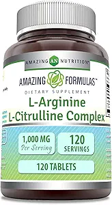 Amazing Formulas L-Arginine/L-Citrulline Kompleksi 1000 mg 120 Tabletler Tamam / ABD Ücretsiz | Made in USAMO | Gluten Free | Made in USA