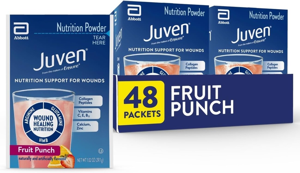 Juven Therapeutic Nutrition Drink Powder Including Collagen Peptides, Amino Acids, and HMB For Wound Healing Support, Fruit Punch, 48 Packets