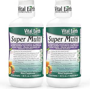 Vital Earth Minerals Super Multi 2-Pack – Υγρές Πολυβιταμίνες για γυναίκες, άνδρες και παιδιά, Υγρές Βιταμίνες με Fulvic Acid για Καλύτερη Απορρόφηση, Υποστήριξη MTHFR, 32 Oz Ea + 1 Oz Cup