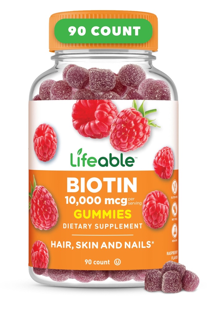 Lifeable Biotin Gummies | 10.000mcg | Great Tasting Hair Skin and Nails Gummies | GMO-Free Vegan Biotin Supplement | Saç Skin ve Nails For Women | 90 Gummies