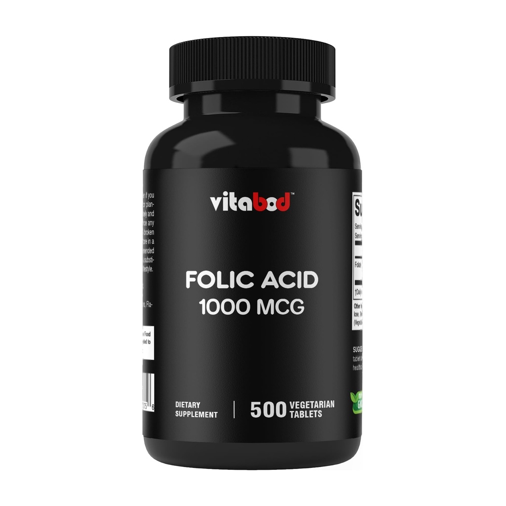 Vitabod Folic Acid 1 mg (1000 mcg) (Vitamin B9) - 500 Vegetarian Tablets - an Essential Prenatal and Postnatal Vitamin