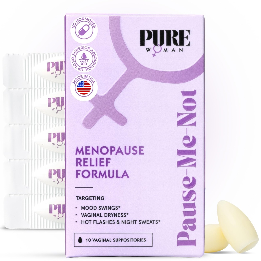 PURE WOMAN - Pause-Me-Not Suppositories - Menopausal Symptom Relief - Natural Ingredients - Relieves Hot Flashes & Vaginal Dryness - Promotes Stable Mood - Enhanced Vaginal Relief - 10 Pk