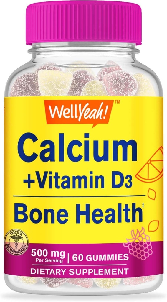 WellYeah Calcium 500mg + Vitamin D3 1000 IU (25 mcg) Gummies - Bone Health and Muscle Supprt, Immune Support Gummy, Non GMO, Gluten Free, Mix Fruit Flavors - 60 Gummies