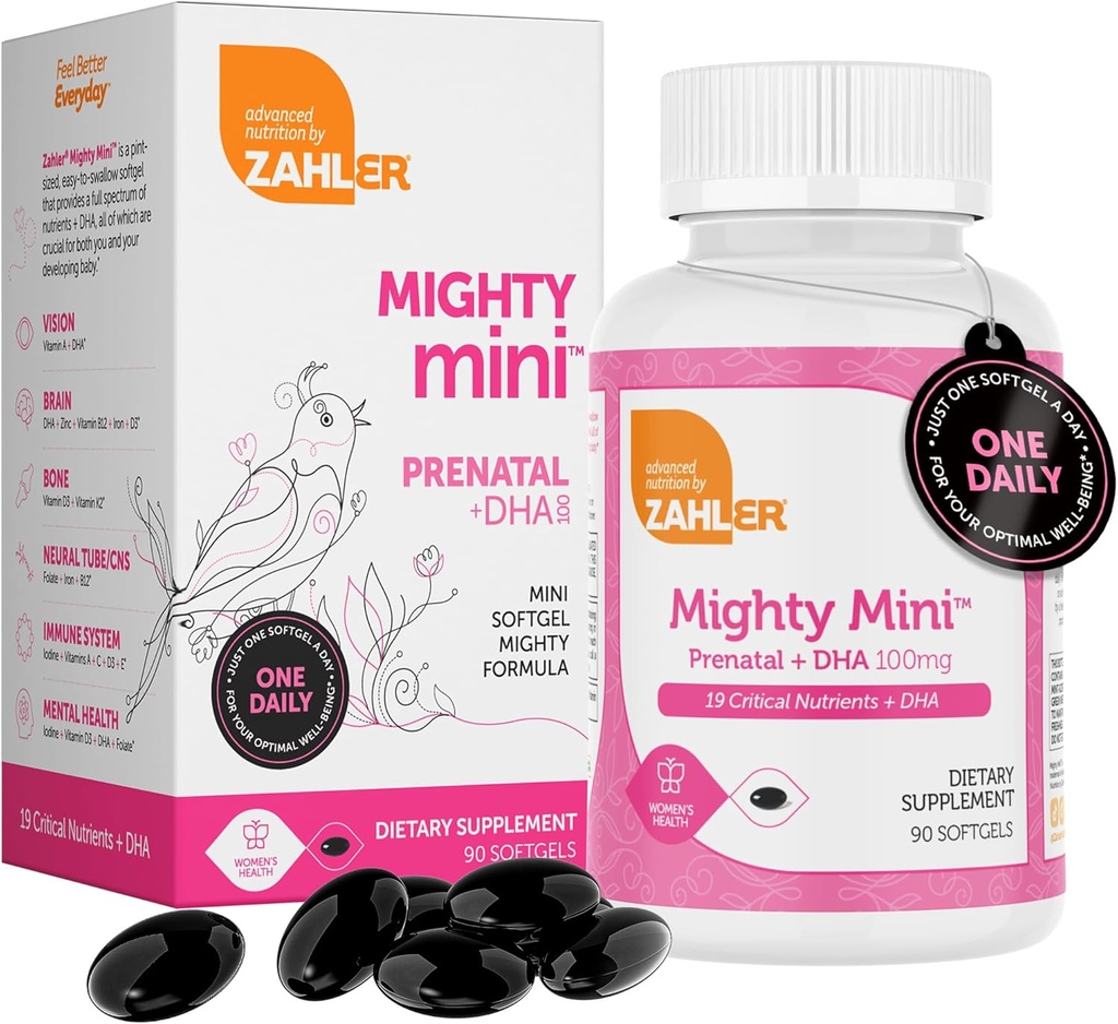Zahler Mighty Mini Προγεννητική Βιταμίνη με DHA & Folate - Certified Kosher - Όλες Φυσικές Προγεννητικές Βιταμίνες - Πολυβιταμίνη για Έγκυες Γυναίκες - 19 Προγεννητικές Βιταμίνες Συμπεριλαμβανομένου Φολικό οξύ (90 Softgels)