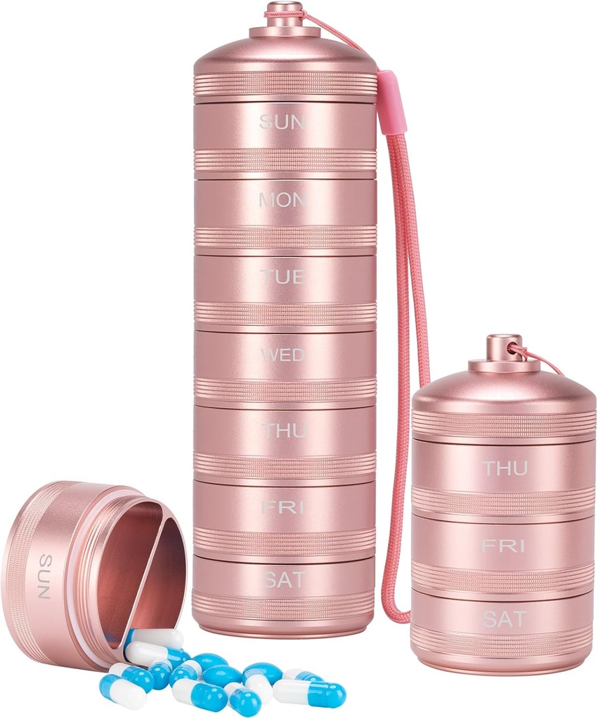 XHT Pink Weekly Metal Pill Organizer 7 Day 2 Times a Day - Estetik Sular AM PM Travel Pill Box, Heavy Duty Pill Holder and Medicine Pill Organizer for Vitamins, Fish Oil & Supplements
