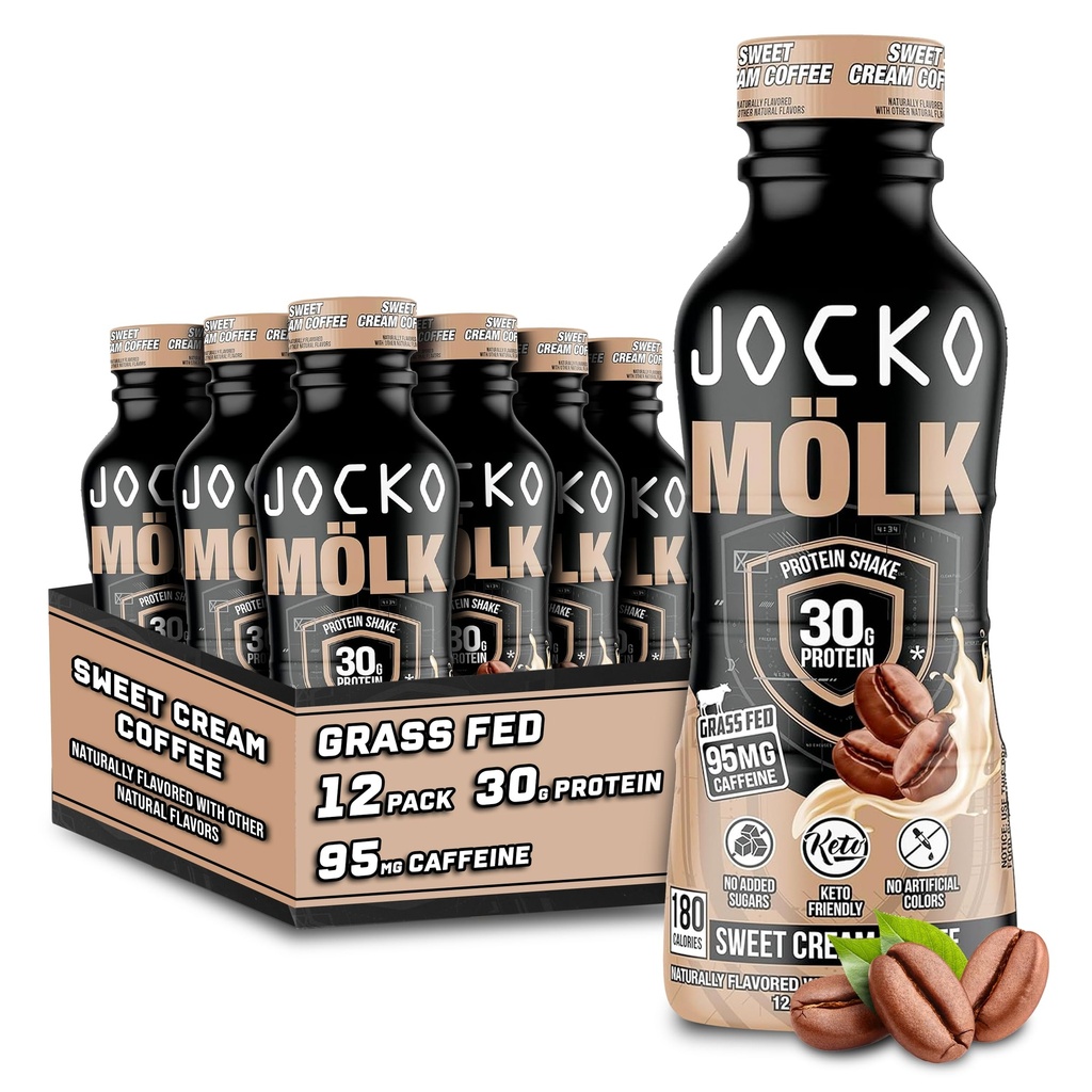 Jocko Yakıt Mölk 30g Grass Fed Protein Shakes - Ek Olmayan Şeker Protein İçgörüleri TerTO Dostu - 12 FL Oz'a Hazır (12 paketi) Sweet Cream Coffee