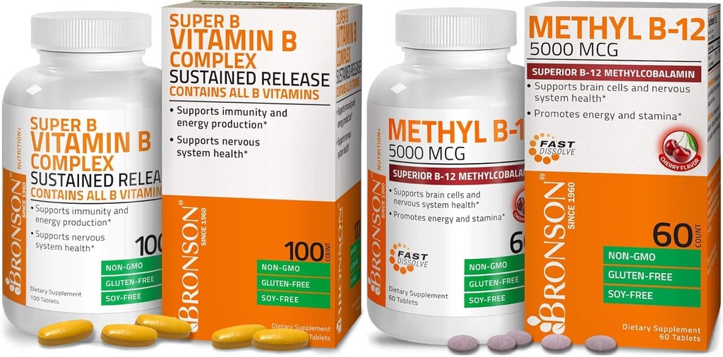 Bronson Methyl B12 5000 mcg Βιταμίνη B12 Methylcobalamin Lozenges + Super B Vitamin B Complex Παρατεταμένη αργή απελευθέρωση