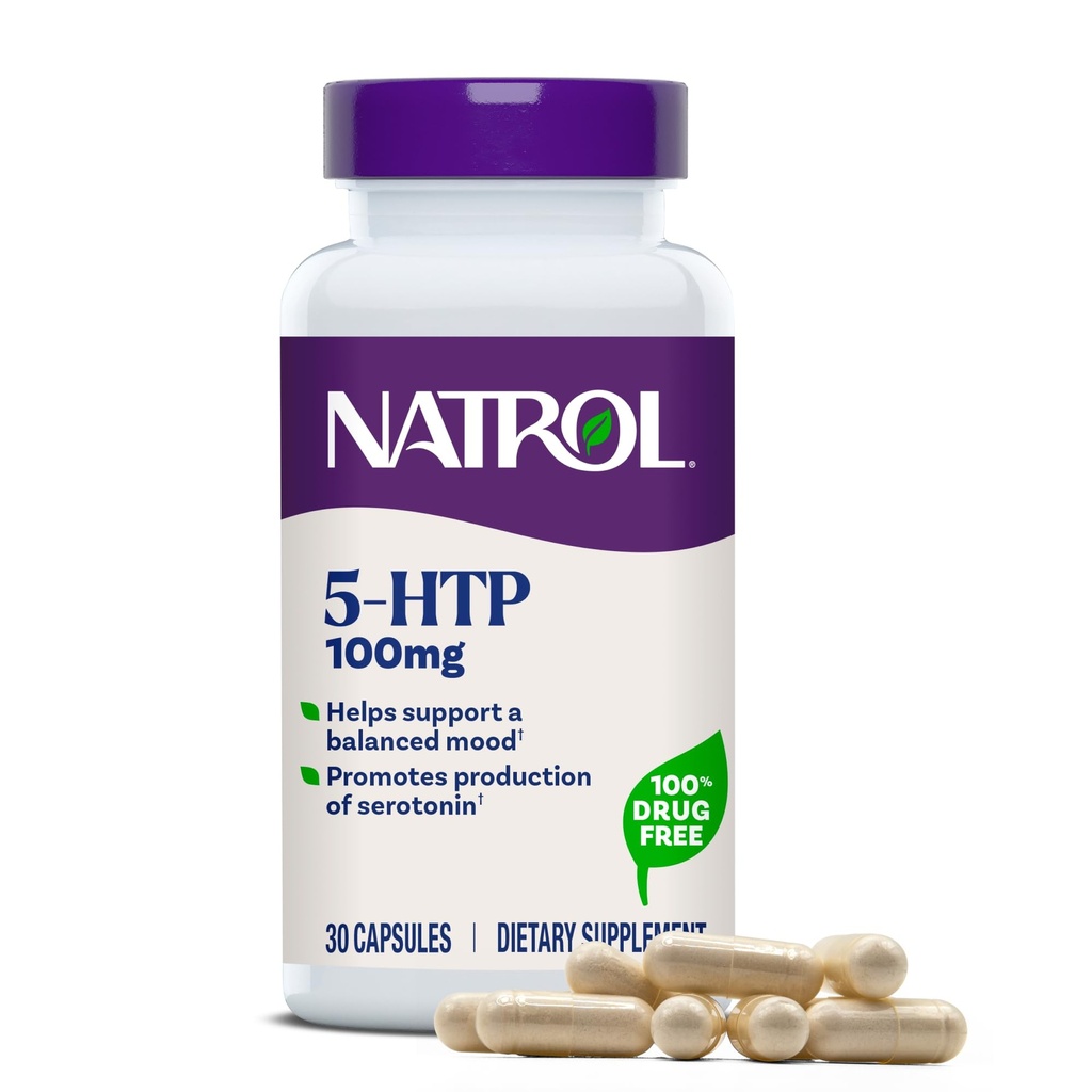 Natrol Mood + Stres 5HTP 100 mg, Bir Dengeli Mood için Diyetsel Supplement, Yetişkinler için Kapsüller, 30 Capsules, 30 Day Supply