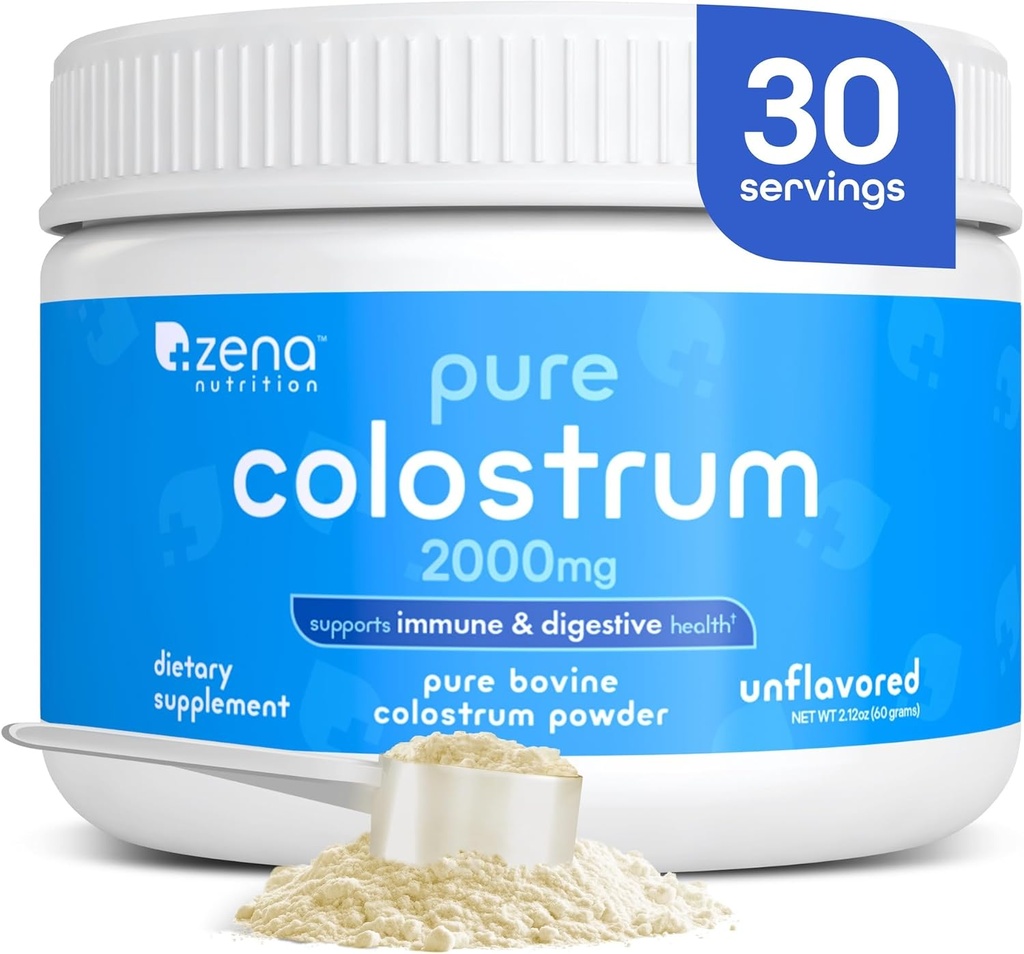 Zena Nutrition Bovine Colostrum Powder Supplement, 2000mg Pure Colostrum, Supports Immune and Digestive Health, Promotes Gut Health, Keto, Gluten Free, Fat Free, Grass Fed, Unflavored, 30 Servings