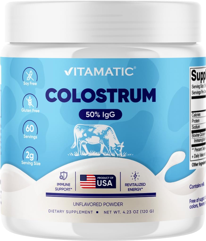 Vitamatic Bovine Colostrum Toz - 50% En Yüksek IgG -120 Gram - Gut Health için Tamam, Saç Büyüme, Güzellik, Kas Kurtarma ve Immune Desteği - Mix - Unflavored - 60 Hizmetler