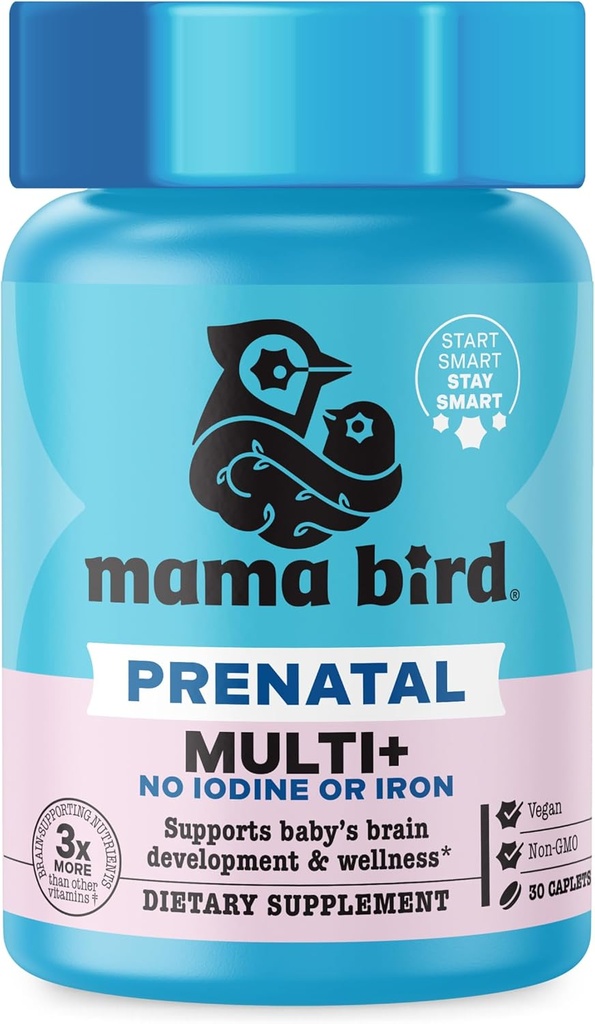 Best Nest Wellness Mama Bird Prenatal Multi Plus Iodine & Iron Free - Προγεννητική βιταμίνη για τον εγκέφαλο & Digestive Health - Vegan Multivitamin με μεθυλοφολικό, Προβιοτικά & Περισσότερα - 30 Caplets