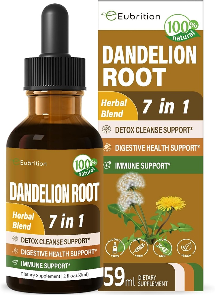 Dandelion Root Extract Drops, Diente de Leon Organico Hierba, Dandelion Supplement Formula w/Milk Thittle Turmeric for Detox Cleanse, Digestion & Immune Support, Alcohol-Free Tincture. 2oz